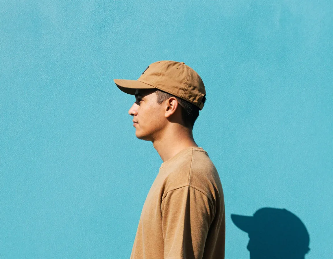 Chico de perfil con gorra café frente a una pared azul