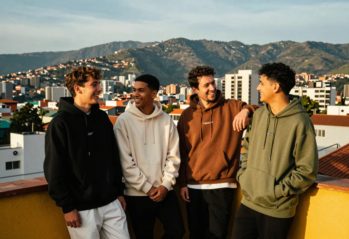Grupo de amigos en una terraza de Bogotá al atardecer