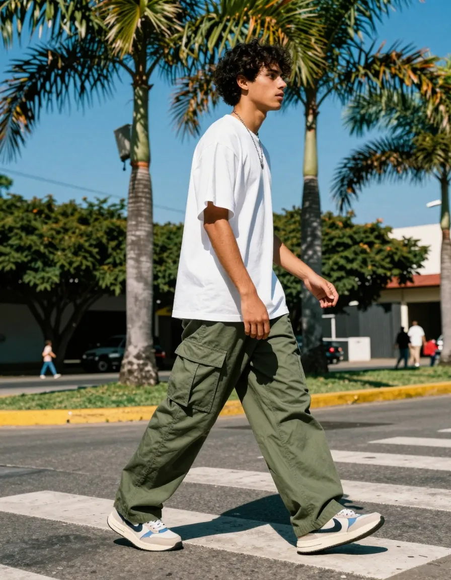 Chico cruzando la calle con pantalón cargo oliva