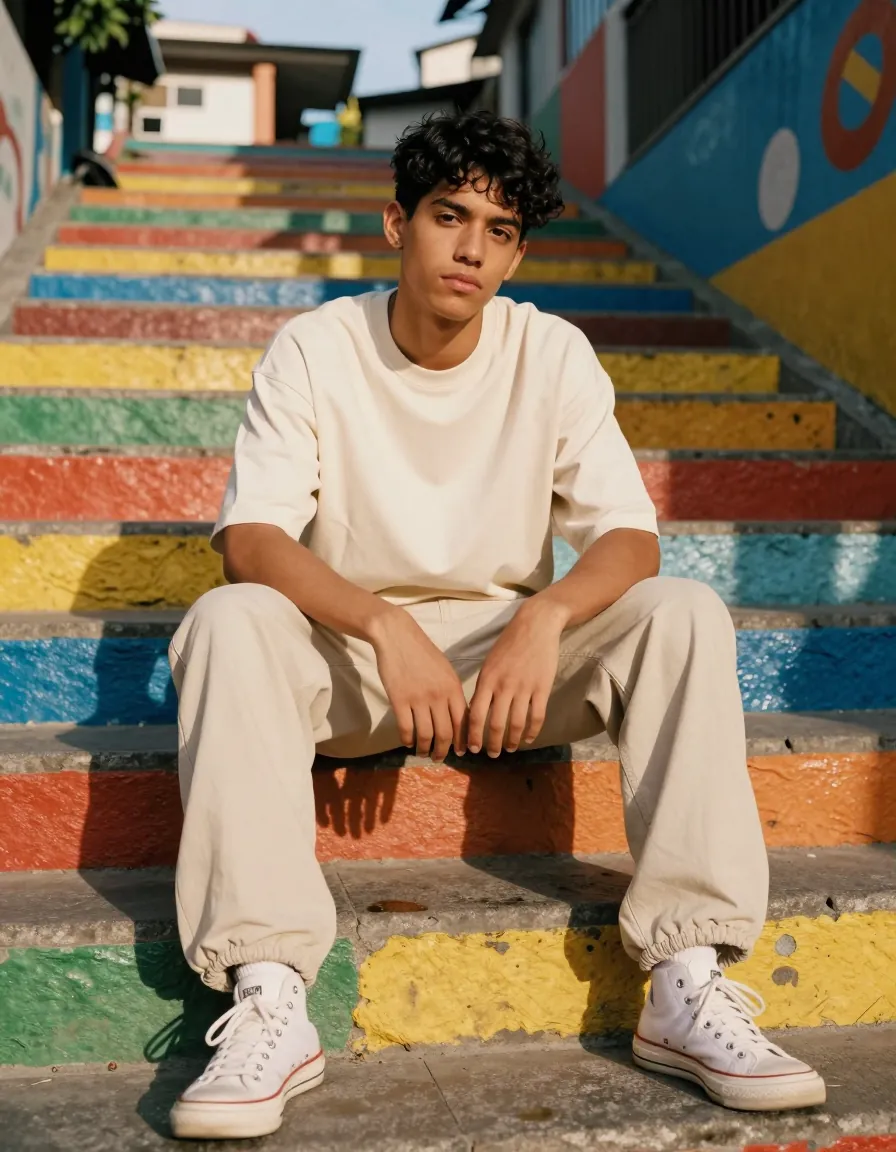 Chico con camiseta crema sentado en escaleras de colores en Medellín